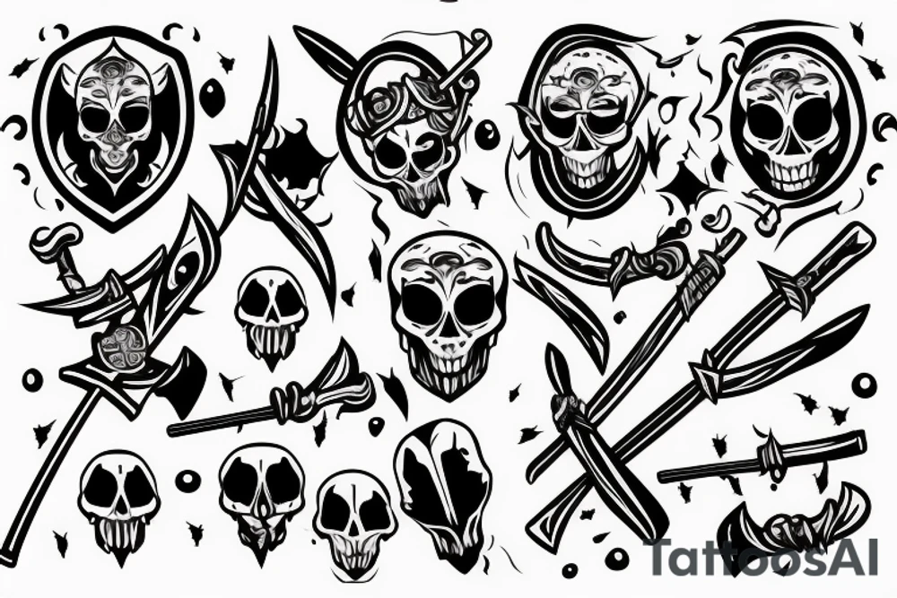 small fine line skull with a sword impaled on fire tattoo idea