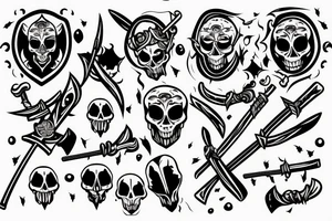 small fine line skull with a sword impaled on fire tattoo idea
