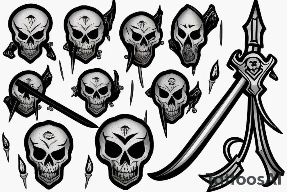 small fine line skull with a sword impaled on fire tattoo idea