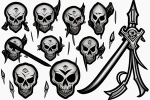 small fine line skull with a sword impaled on fire tattoo idea