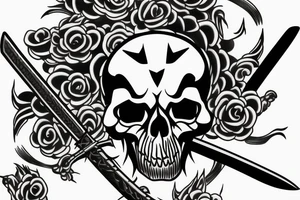 jsmall japanese fine line skull with a sword impaled on fire tattoo idea