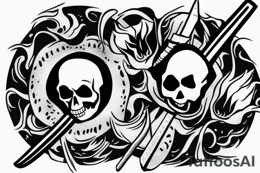 jsmall japanese fine line skull with a sword impaled on fire tattoo idea