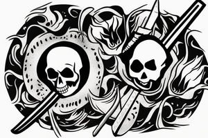 jsmall japanese fine line skull with a sword impaled on fire tattoo idea
