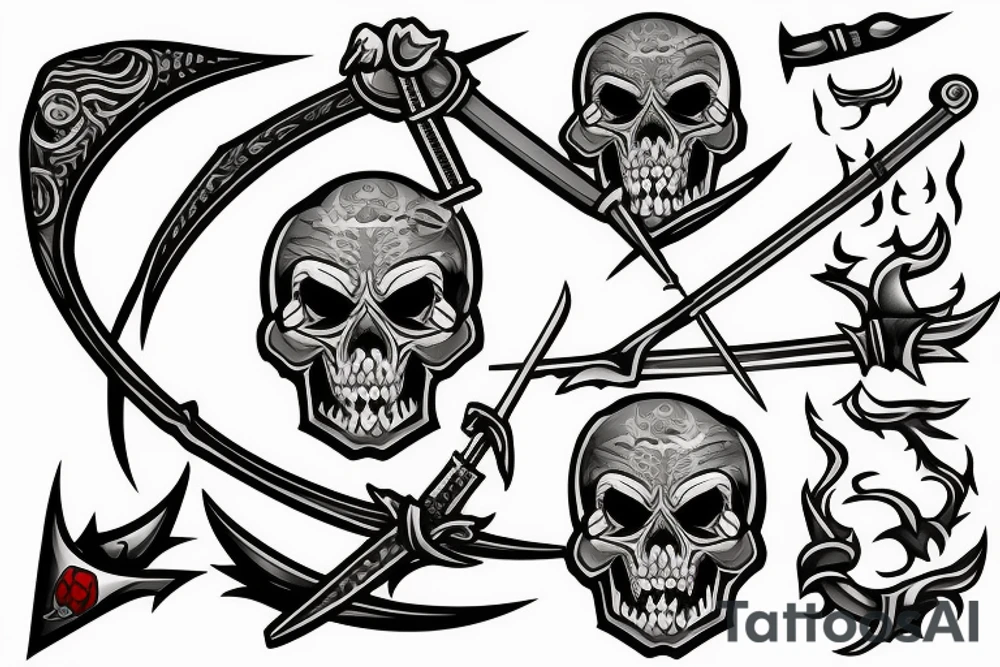 jsmall japanese fine line skull with a sword impaled on fire tattoo idea