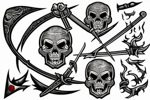 jsmall japanese fine line skull with a sword impaled on fire tattoo idea