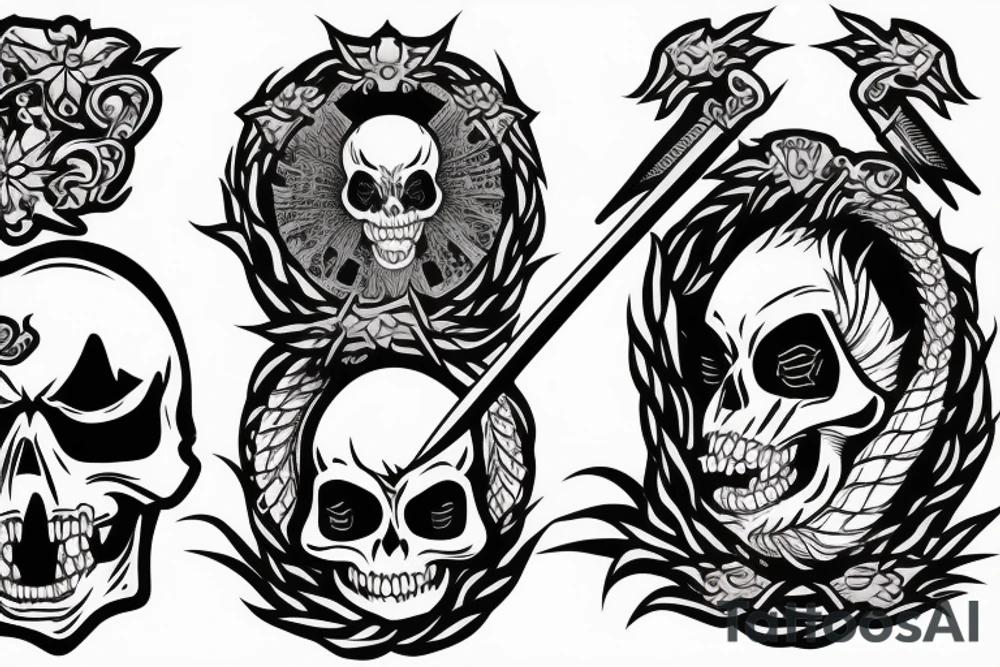 jsmall japanese fine line skull with a sword impaled on fire tattoo idea