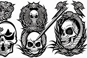jsmall japanese fine line skull with a sword impaled on fire tattoo idea
