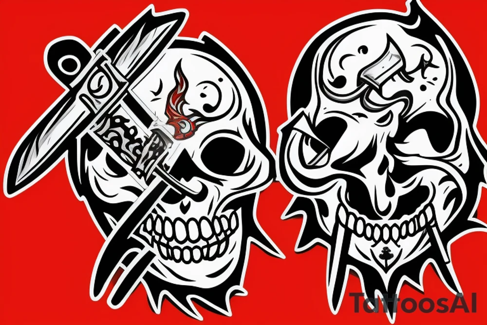 small fine line laughing skull with a sword impaled on fire tattoo idea