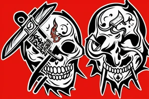 small fine line laughing skull with a sword impaled on fire tattoo idea