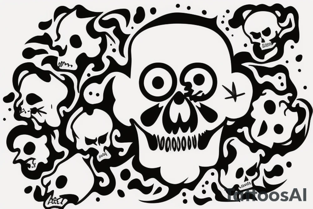 minimalist cheerful smiling skull on fire stuck on a small sword tattoo idea