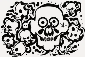 minimalist cheerful smiling skull on fire stuck on a small sword tattoo idea