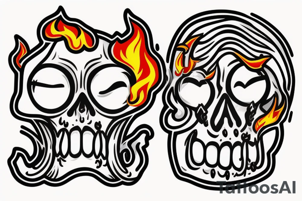 minimalist cheerful smiling skull on fire stuck on a small sword tattoo idea