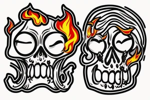 minimalist cheerful smiling skull on fire stuck on a small sword tattoo idea