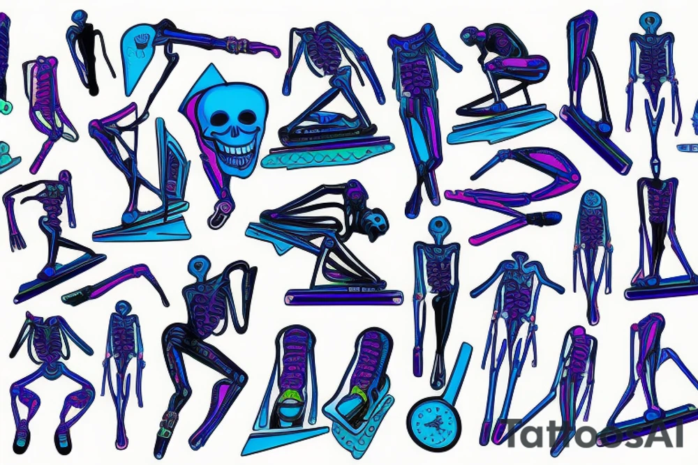 neon blue dynamic full body skeleton skating tattoo idea