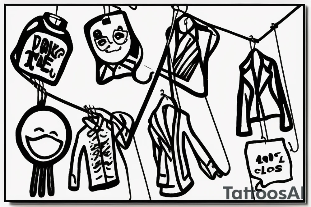 stick figure hanging from a coat hanger on a clothesline tattoo idea