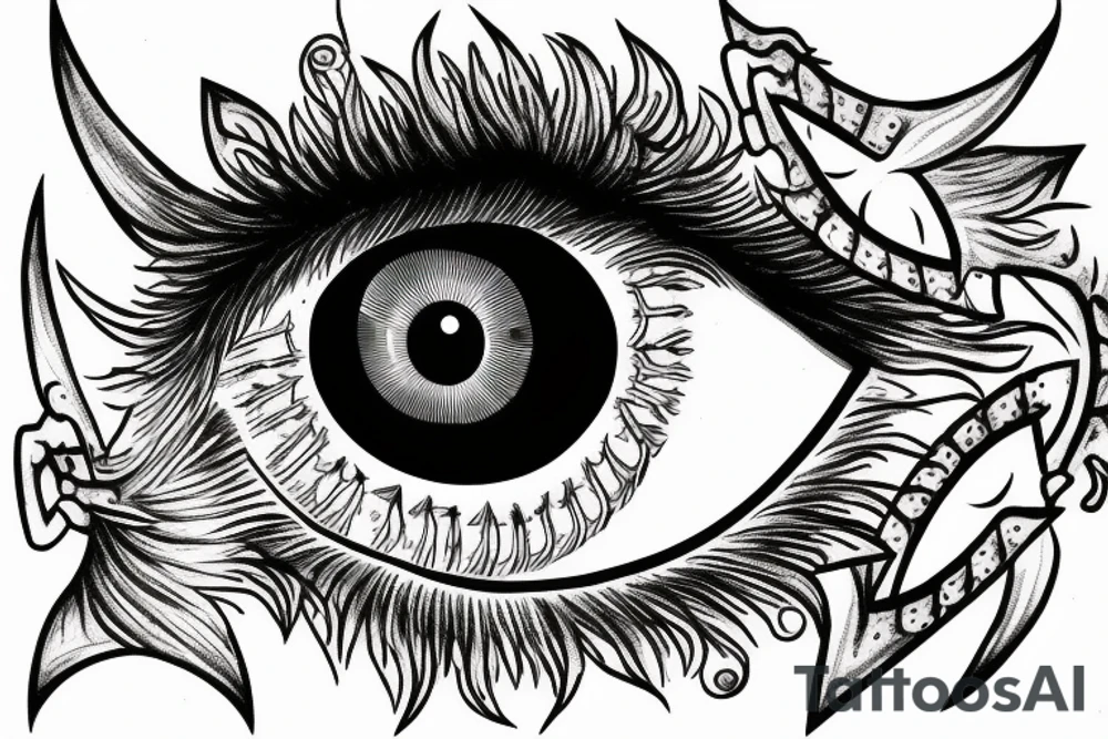 flying monster eye with nails tattoo idea