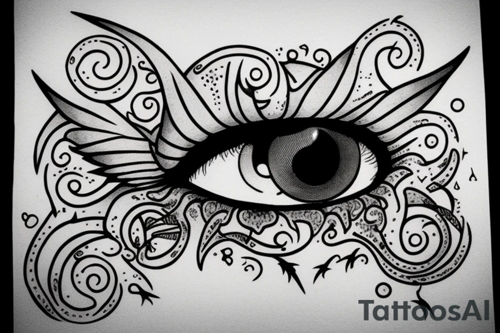 flying monster eye with nails embedded tattoo idea