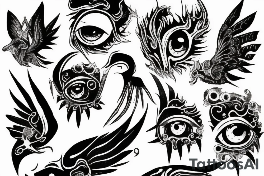flying monster eye with nails embedded tattoo idea