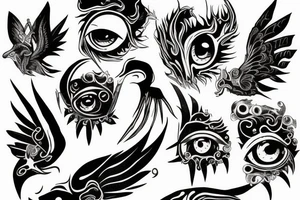 flying monster eye with nails embedded tattoo idea