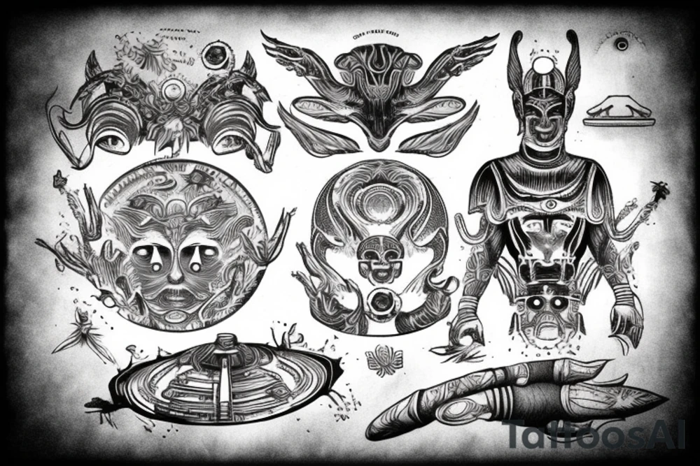 ancient astronauts, gods were aliens, mythologie, chest- tatoo, ufo tattoo idea