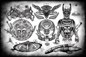 ancient astronauts, gods were aliens, mythologie, chest- tatoo, ufo tattoo idea