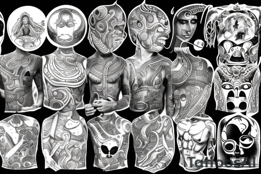 ancient astronauts, gods were aliens, mythologie, chest- tatoo, ufo, japanese style tattoo idea