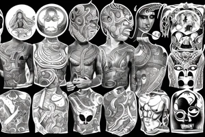 ancient astronauts, gods were aliens, mythologie, chest- tatoo, ufo, japanese style tattoo idea