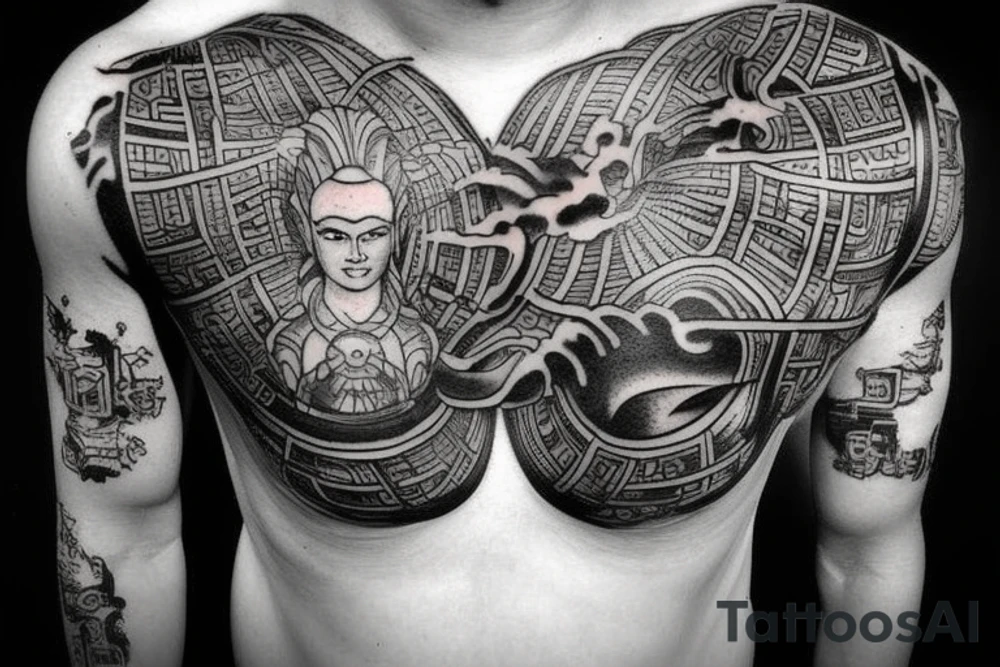 ancient astronauts, gods were aliens, mythologie, chest- tatoo, ufo, japanese style tattoo idea