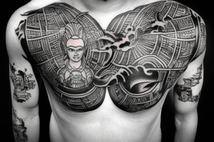ancient astronauts, gods were aliens, mythologie, chest- tatoo, ufo, japanese style tattoo idea