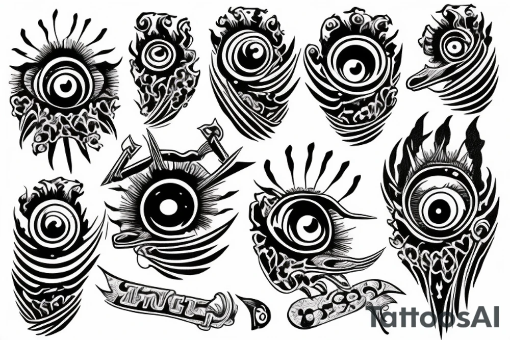 flying monster eye with traditional nails embedded tattoo idea