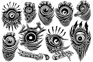 flying monster eye with traditional nails embedded tattoo idea