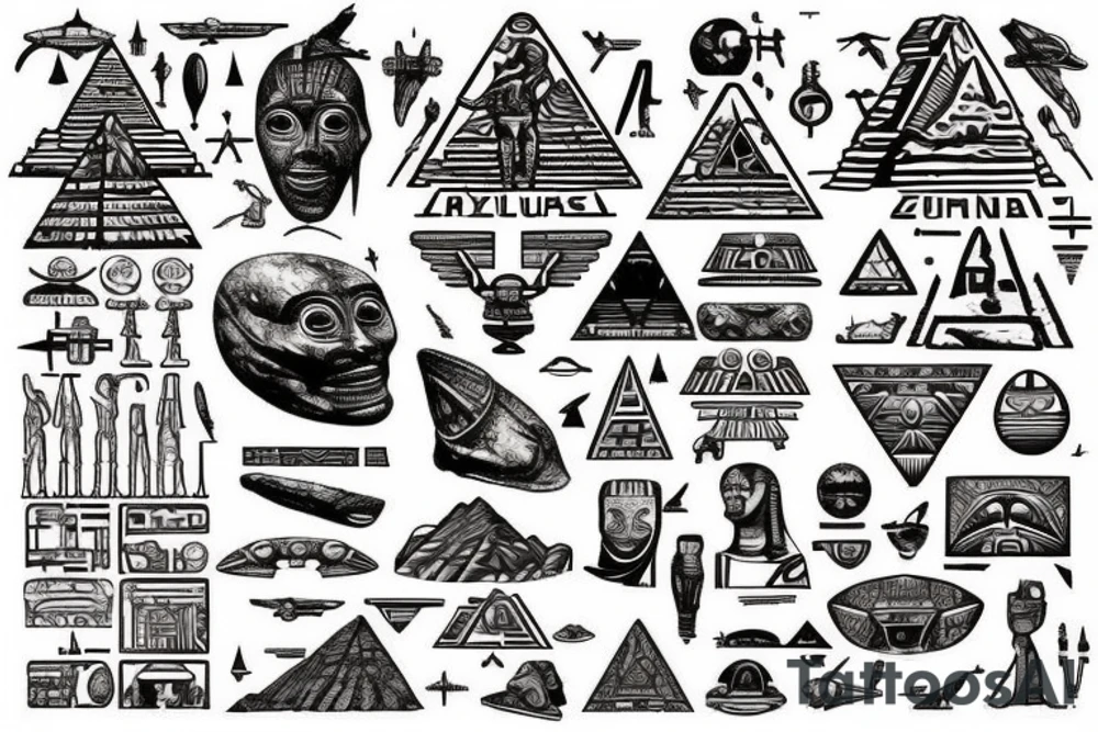 Astronauts
Gods
UFOs
Pyramids
Hieroglyphs
Space travel
Antiquity
Archaeology
Traces in the sand
Enigmatic artifacts
Relics
Unknown technology
Extraterrestrials
The stones of Puma Punku
Mystical places
The Anunnaki
Astronomy
Cultural contacts
The Pyramids of Giza tattoo idea