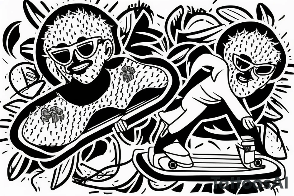 cactus man with sunglasses riding a skateboard tattoo idea