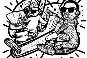 cactus man with sunglasses riding a skateboard tattoo idea
