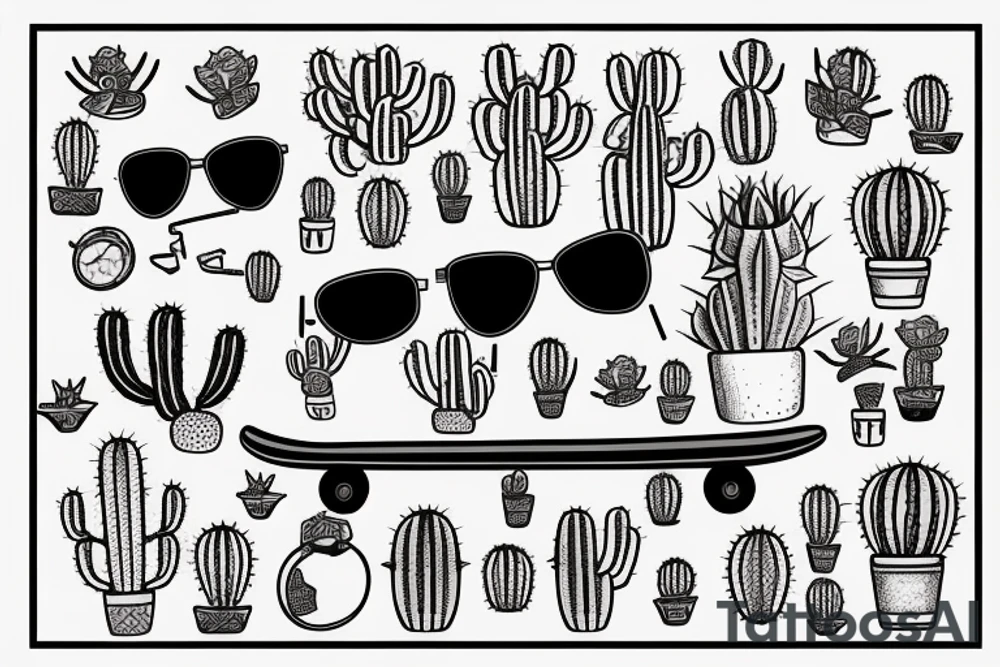 cactus man with sunglasses riding a skateboard tattoo idea