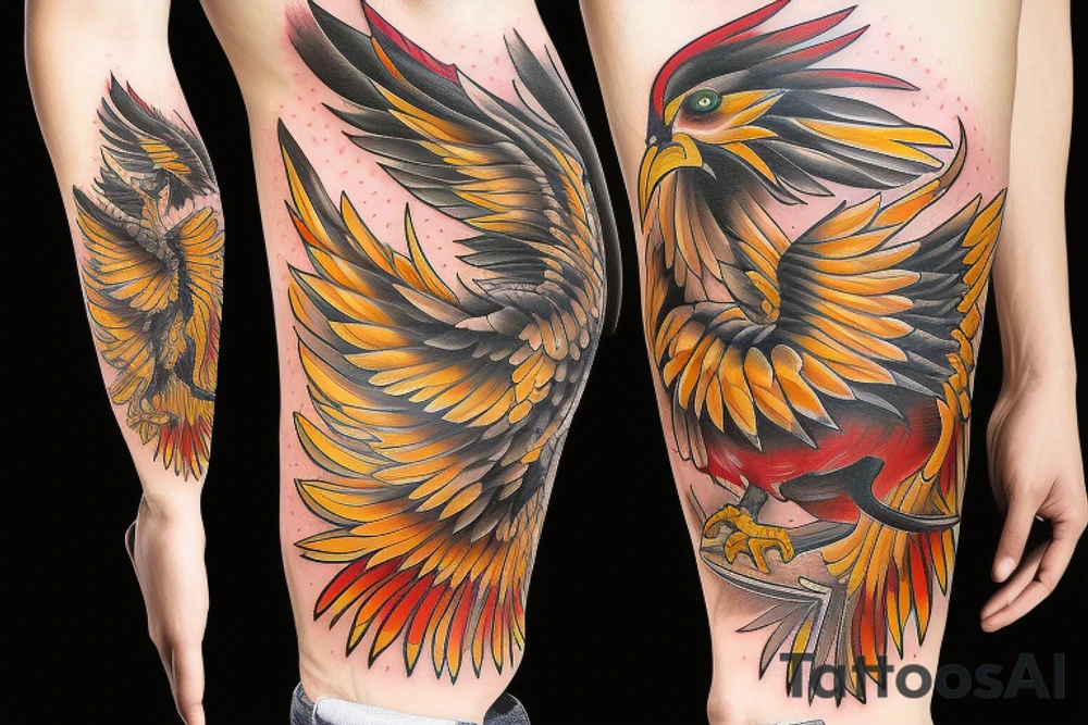 Phoenix bird coming out of fire tattoo idea