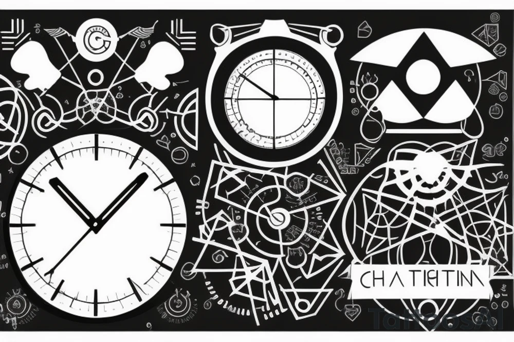 Un diiseño geometrico con un reloj y la frase "controla tu mente" tattoo idea