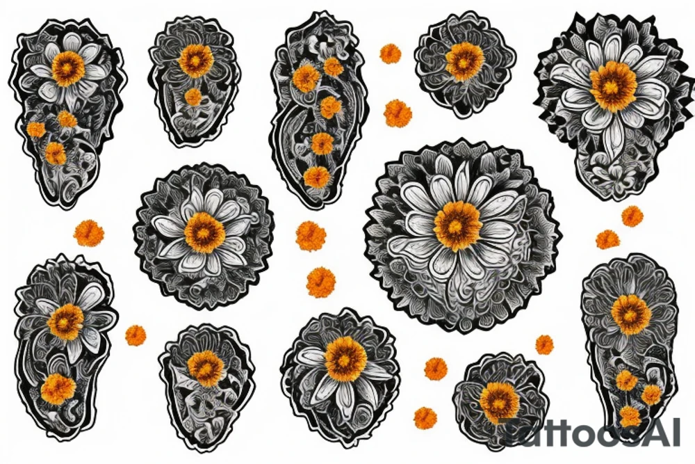 Four marigold flowers representing people who passed away tattoo idea