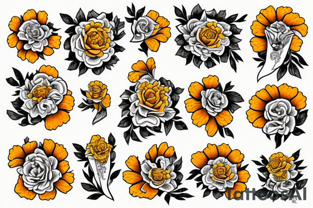 Four marigold flowers representing people who passed away tattoo idea
