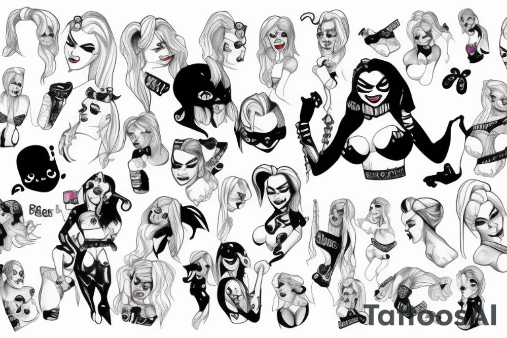 Harley Quinn with hand cuffs on her back laughing tattoo idea