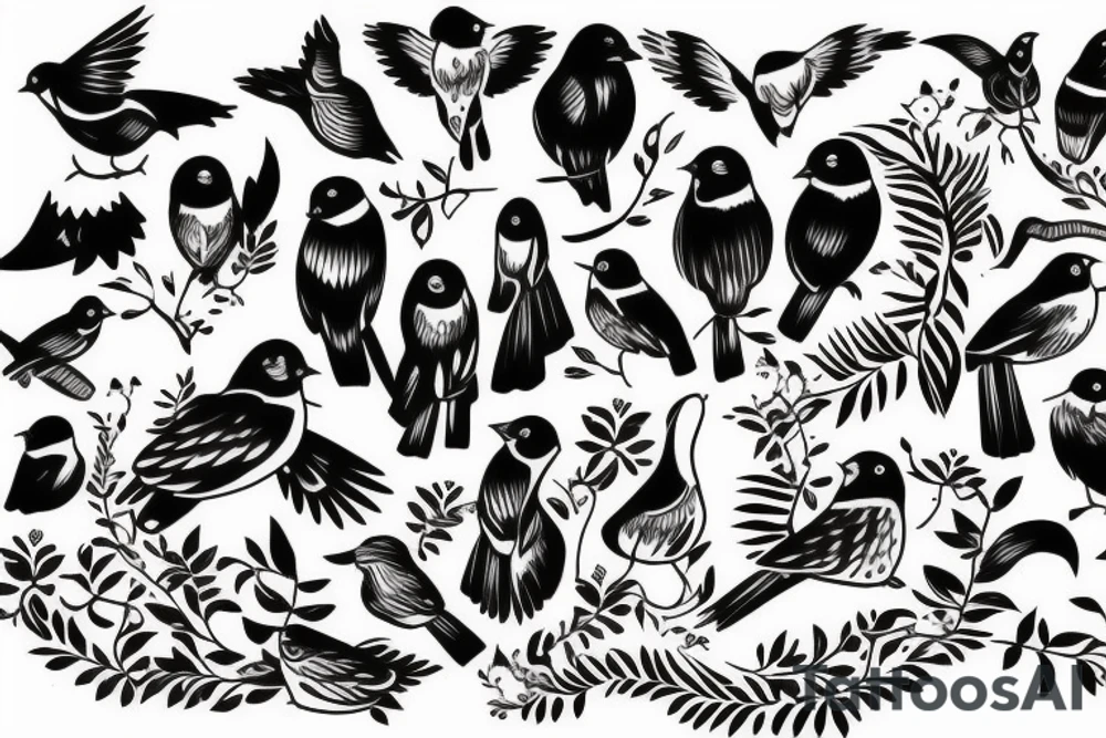 Family with Birds and name of Children tattoo idea