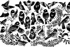 Family with Birds and name of Children tattoo idea