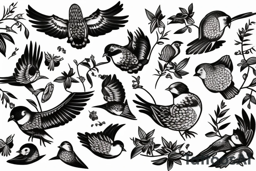 Family with Birds and name of Children tattoo idea