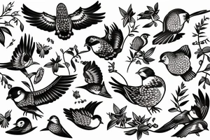Family with Birds and name of Children tattoo idea