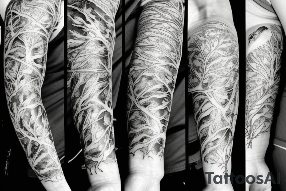 Family Tree birds full arm tattoo idea