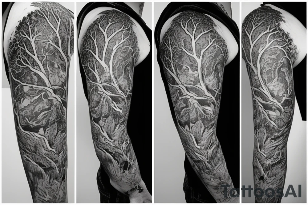 Family Tree birds full arm tattoo idea