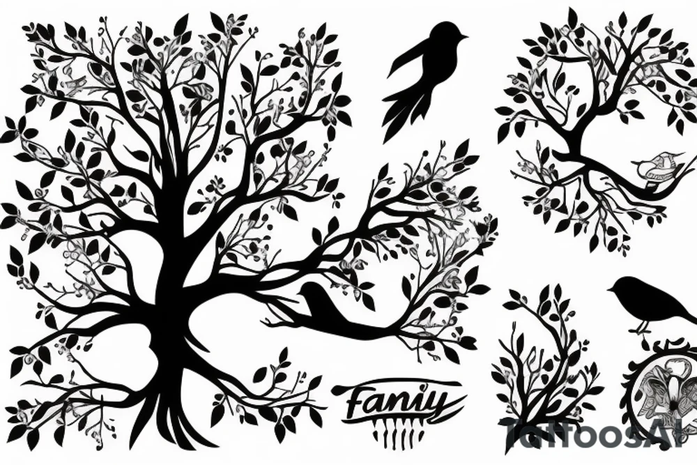 Family Children Tree birds full arm tattoo idea