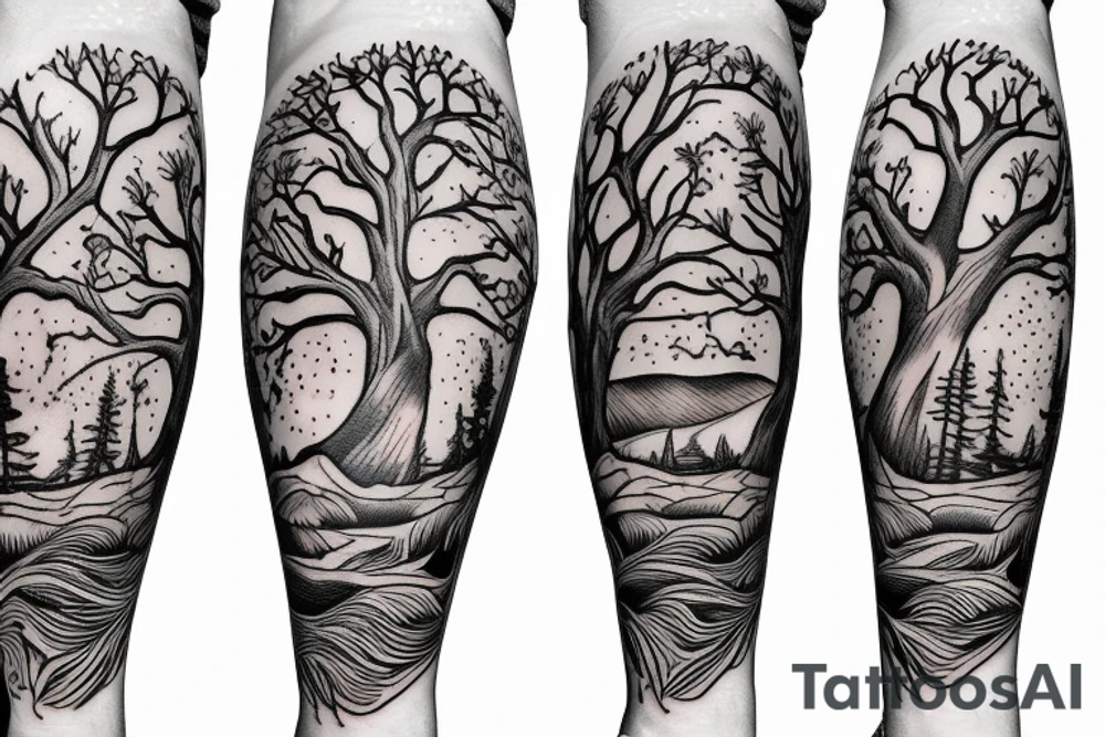 Familie Baum Sonne Wolken Vögel full arm tattoo idea