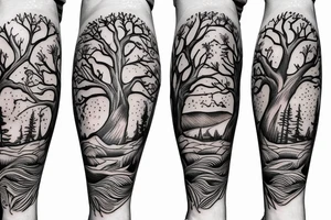 Familie Baum Sonne Wolken Vögel full arm tattoo idea