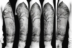 Familie Baum Sonne Wolken Vögel full arm tattoo idea